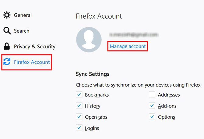 الضغط على Firefox Account ثم على Manage Account حتى تستطيع تفعيل التوثيق الثنائي في متصفح فاير فوكس